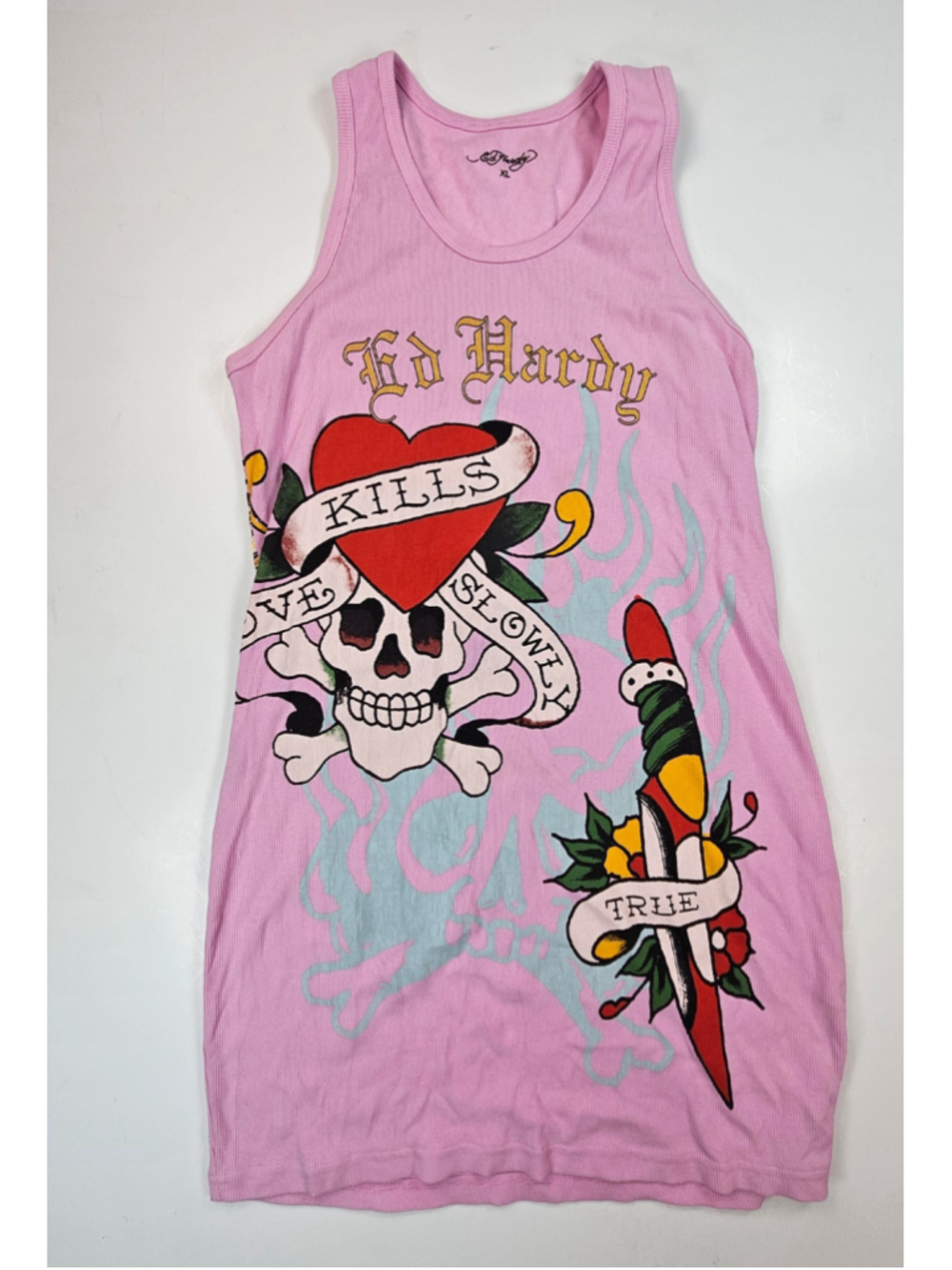 Ed Hardy Retro Flash Rib Tank Dress Pink XL Love Kills Slowly Tiger Y2K